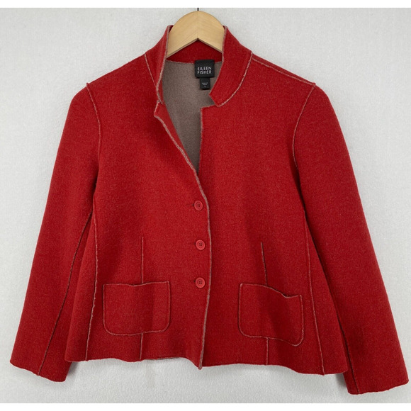 EILEEN FISHER Blazer S Merino Wool Cardigan Doubleknit Button Front Red Tan - Picture 1 of 12